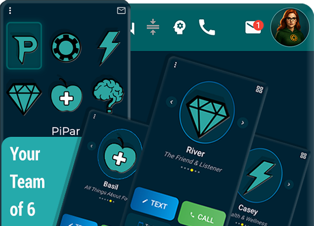 Six AI specialists who collaborate - PiPar, Alex, Casey, River, Basil, and Custom